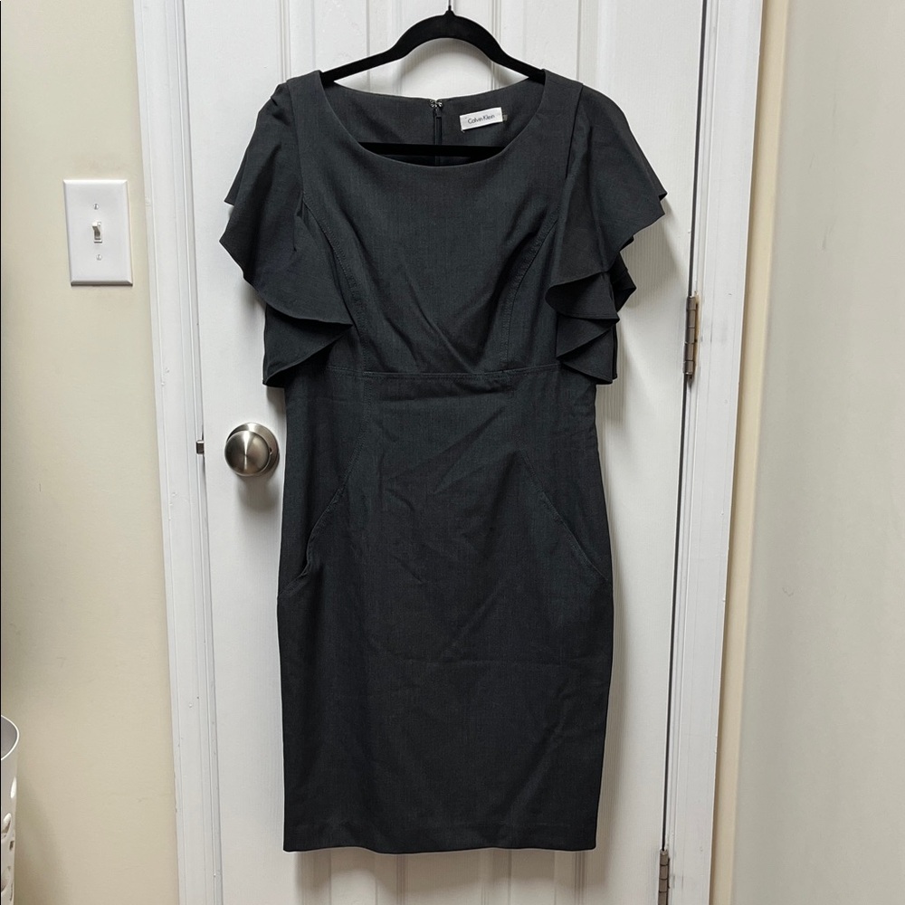Calvin Klein Charcoal Ruffle Sleeve Midi Dress